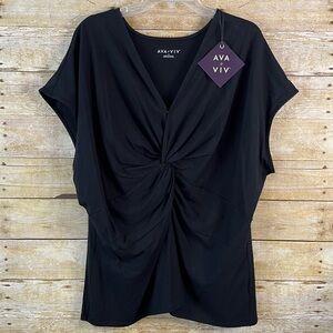 Ava & Viv Black Gathered Front Knit Top NWT Size 2X 20W-22W Short Sleeves